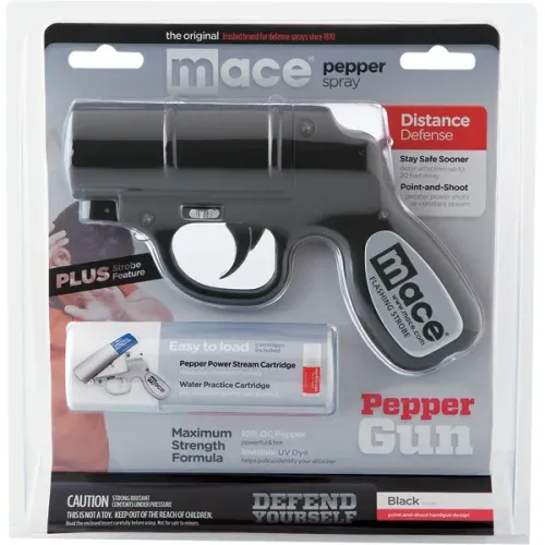Mace Pepper Gun Distance Defense Spray with STROBE LED, Matte Black
